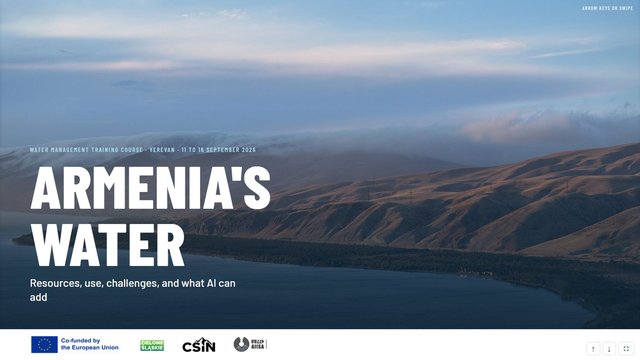 Armenia's water, the cover slide. Photo on the slide: Xelgen, Wikimedia Commons, CC BY-SA 4.0.